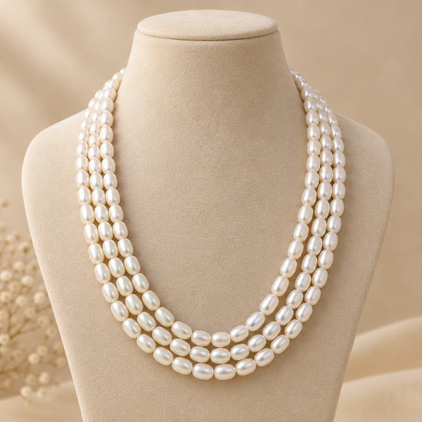 Natural Rice Pearl 3 Layer Necklace
