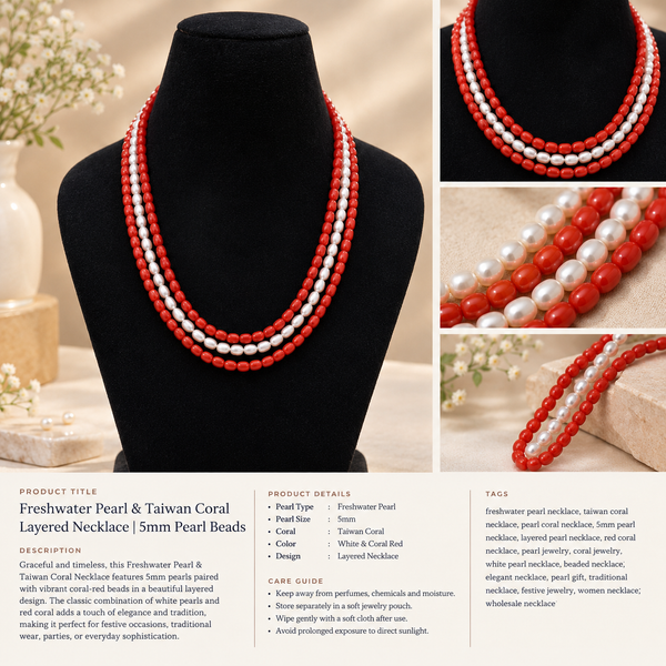 ElegantPearl & Taiwan Coral 3 Layered Necklace