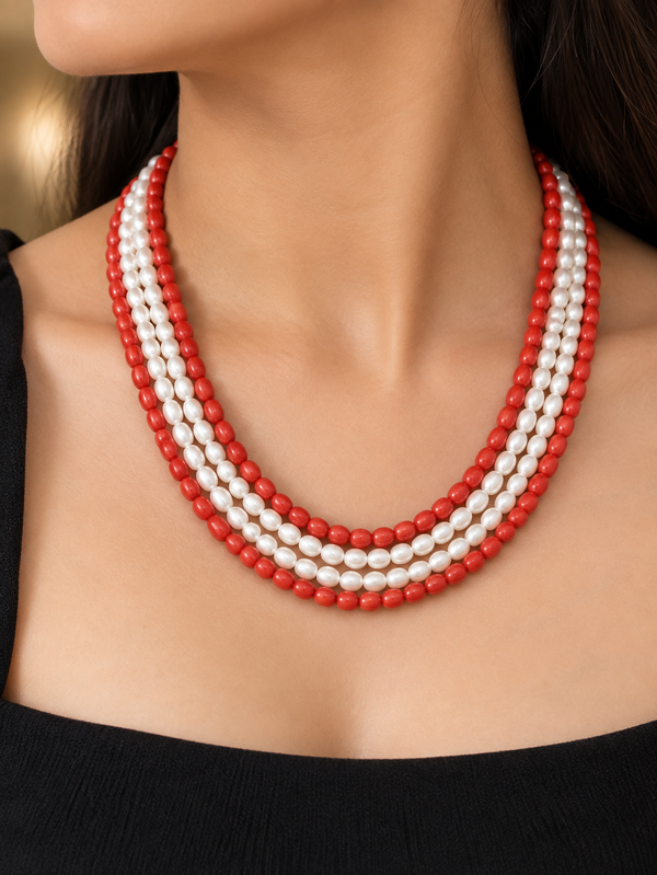 Coral & Freshwater Pearl 4 Layer Necklace