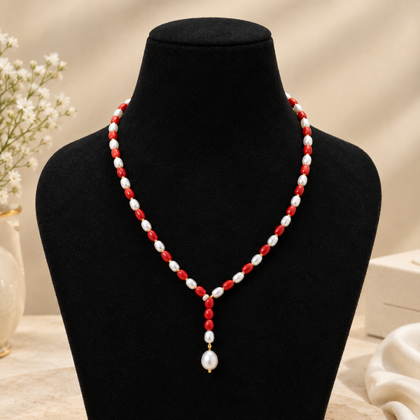 Pearl &Coral Y Necklace