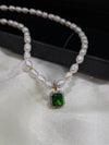 Lab grown Emreald Pendant and Rice pearl Necklace