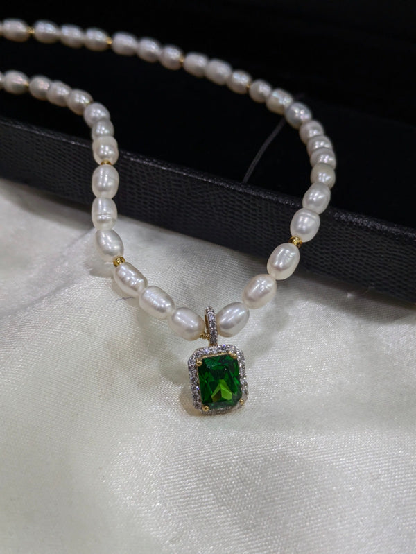 Lab grown Emreald Pendant and Rice pearl Necklace
