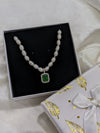 Lab grown Emreald Pendant and Rice pearl Necklace
