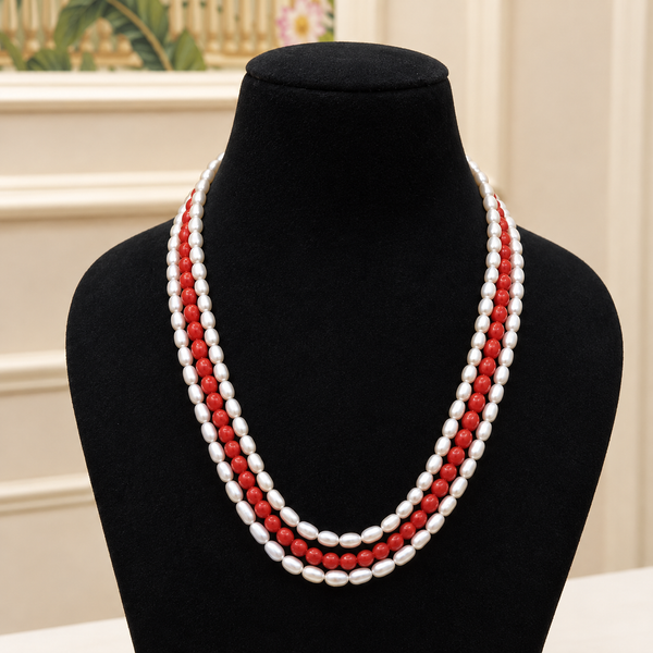 Pearl & Taiwan Coral 3 Layered Necklace