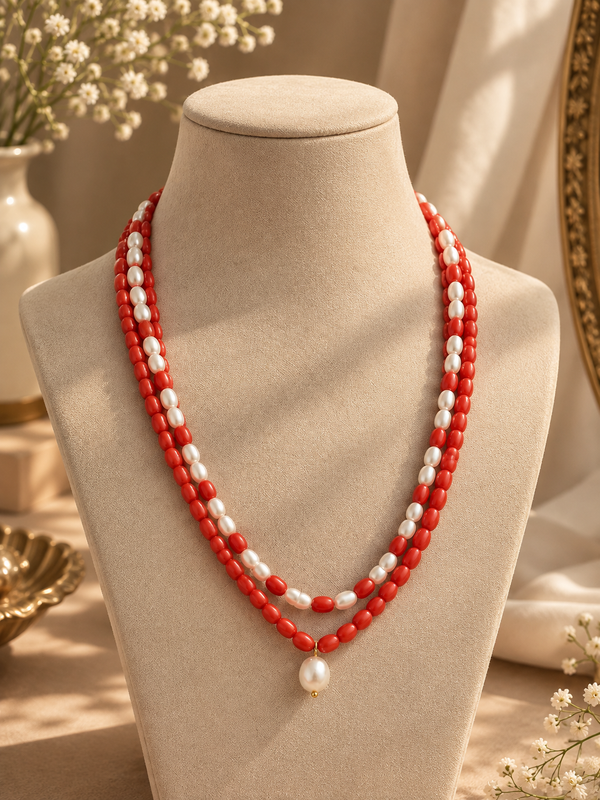 Elegant Coral & Pearl Necklace With Pearl Pendant
